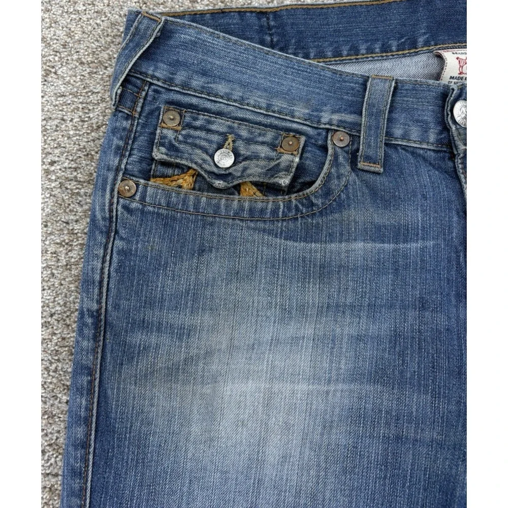 VTG True Religion Straight Jean Mens 34 (36x32) Blue Distressed Workwear USA Y2K